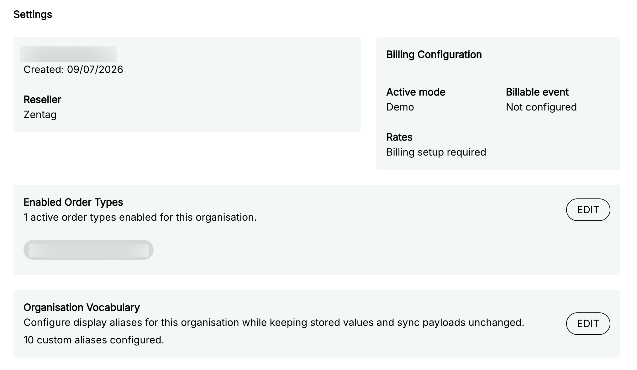 A settings panel for an obscured Organisation, including Reseller, Billing Configuration, Enabled Order Types and Organisation Vocabulary. The latter two panels are editable.