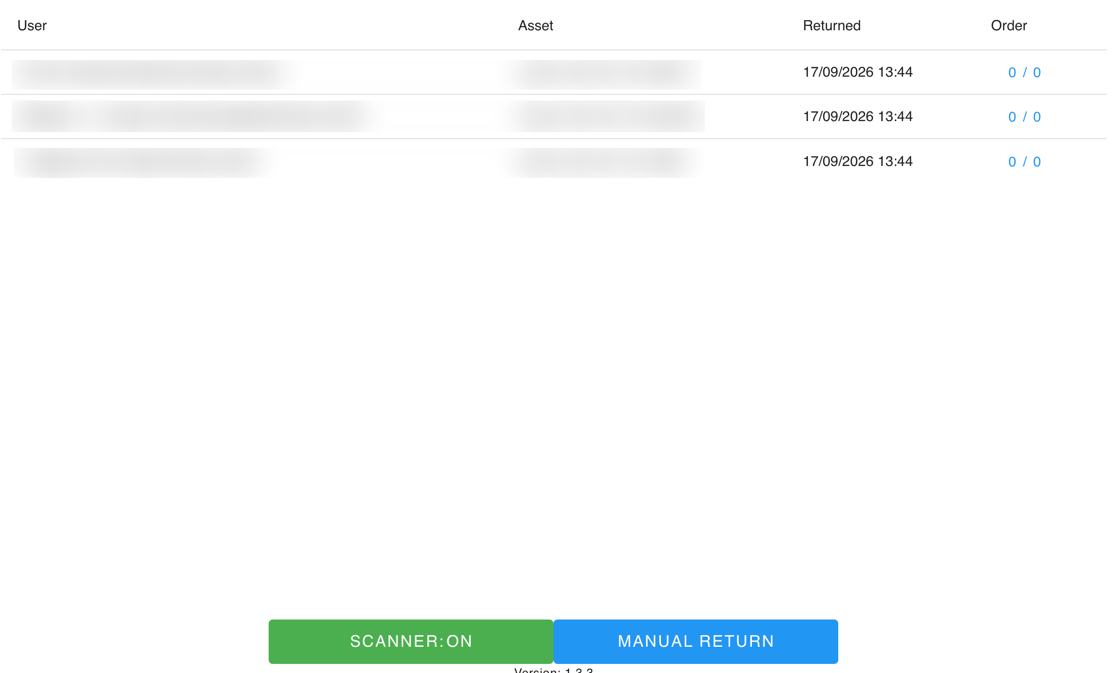 Several rows of blurred items that are in the return screen, with two buttons: 'Scanner: On' to toggle the scanner, and Manual Return.