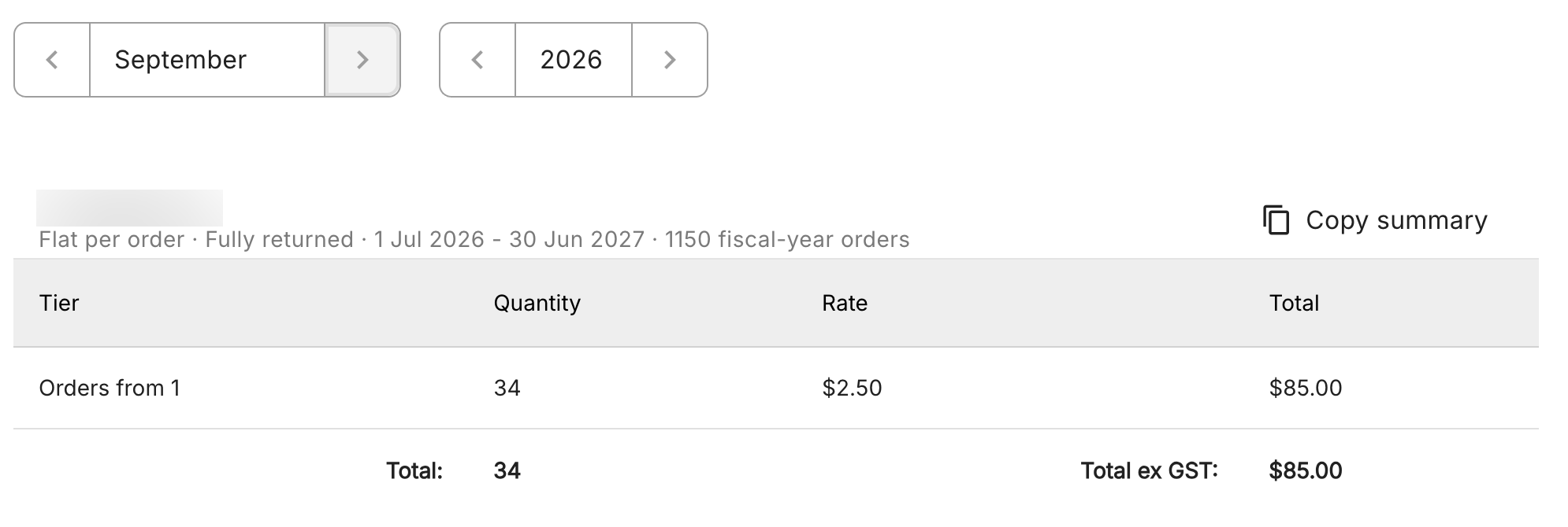 Shows an example billed entry from an obscured organisation in September 2026, with a payment rate based on amount of orders made.