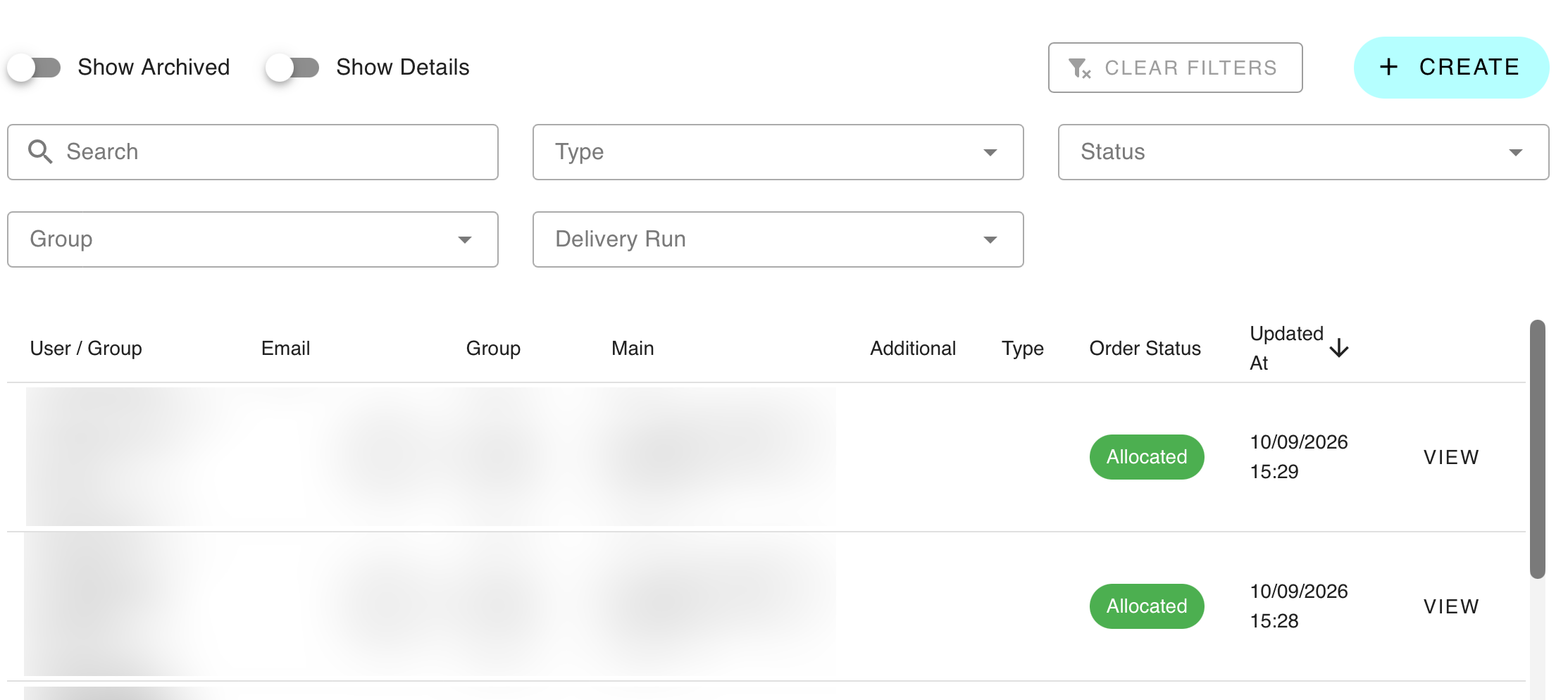 A set of two blurred orders, with several filter and search bars, as well as a create order button.