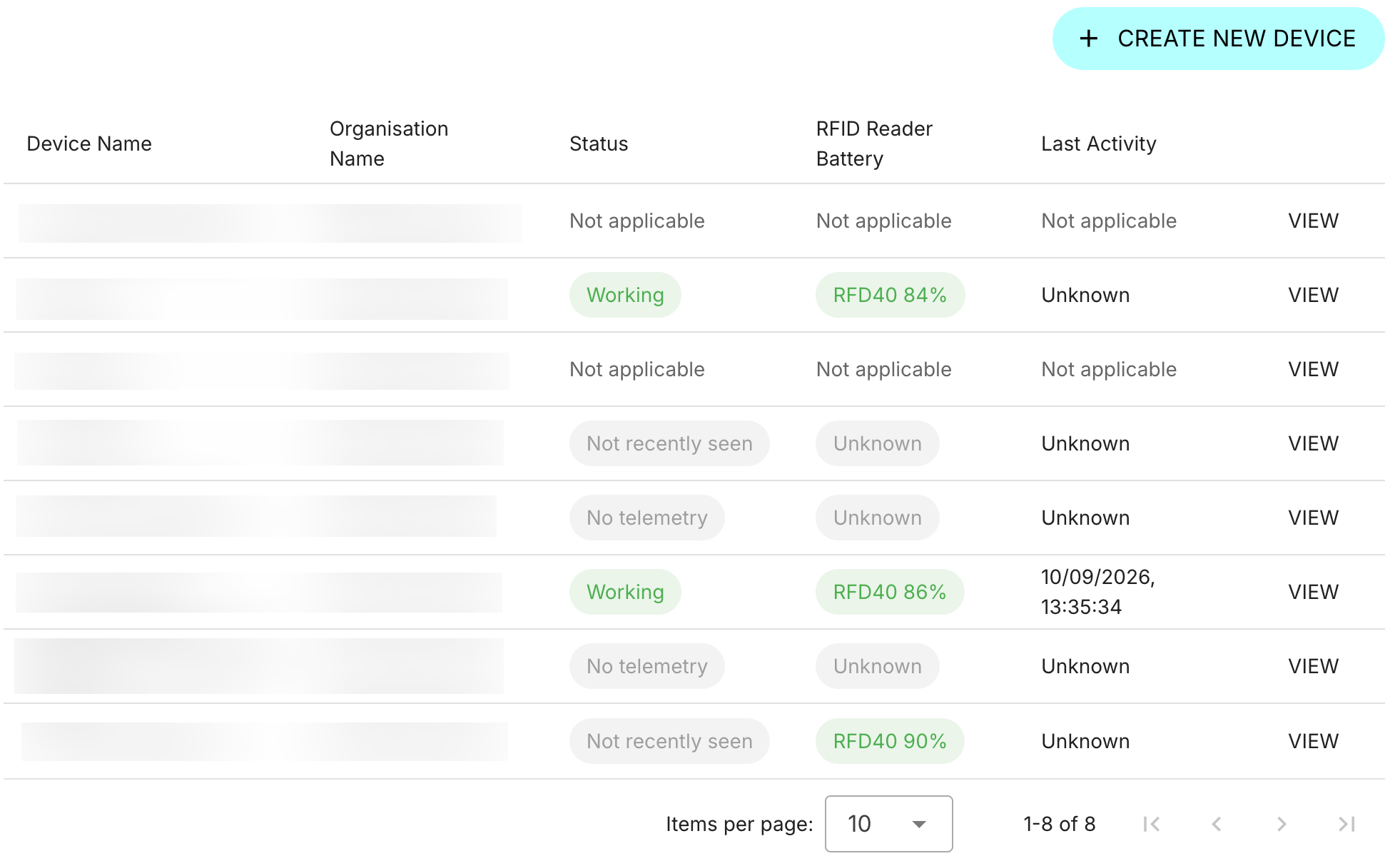 Shows a table of devices, with status, battery health, last known activity and a button to view details.