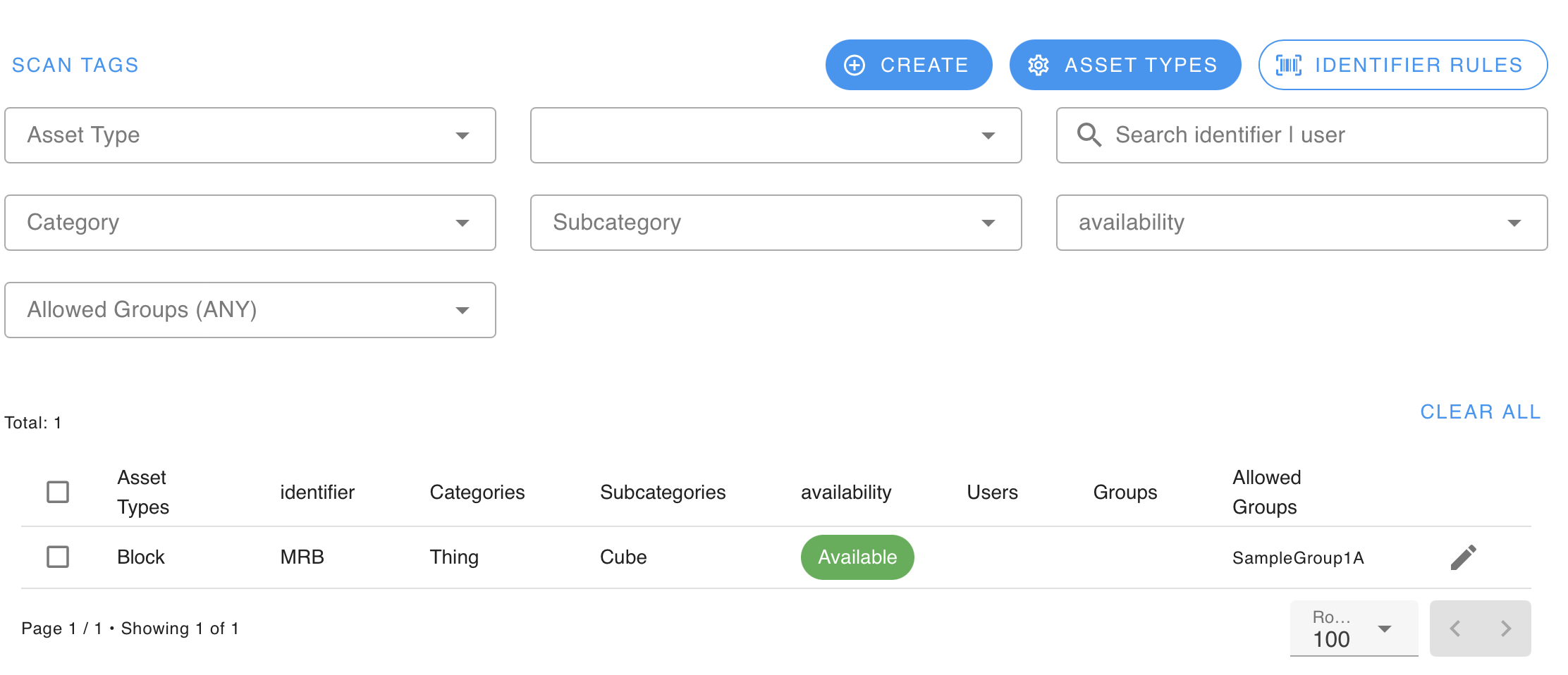 A list of assets with one example asset called Block. There are search and filter fields, with Create, Asset Types and Identifier Rules button.