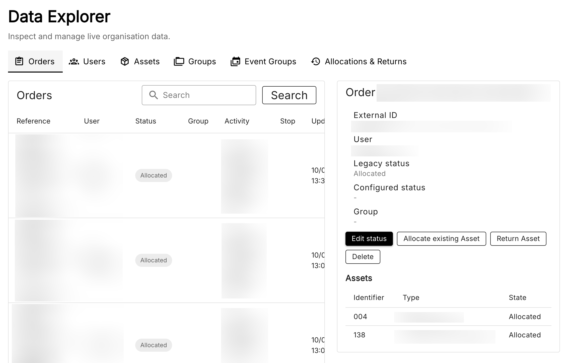 A table showing a list of Orders, which have been obscured in details. There are tabs for Orders, Users, Assets, Groups, Event Groups and Allocations & Returns.