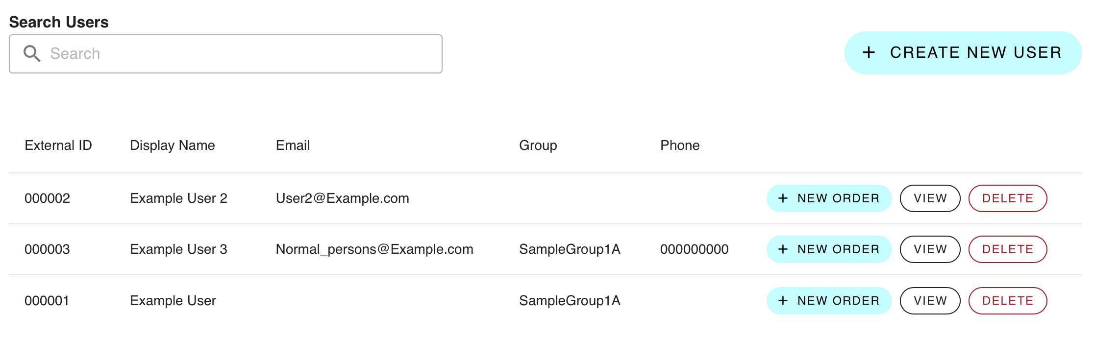 A list of example users: Example User 2, Example User 3 and Example User. There is a search, and buttons to assign orders, view the user details, delete the user or create a new user.