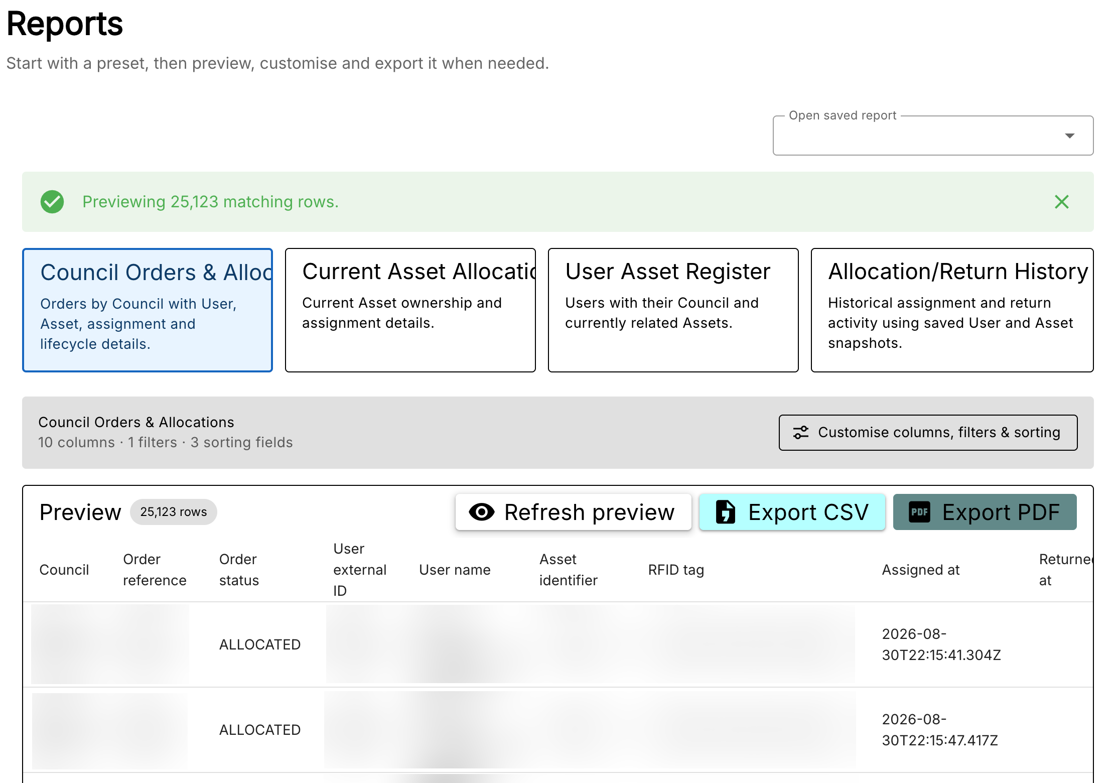 A table showing several reports out of ~25,000, with details obscured. There are buttons for previewing export (which caused the report table), exporting to CSV and exporting to PDF, which the latter is greyed.