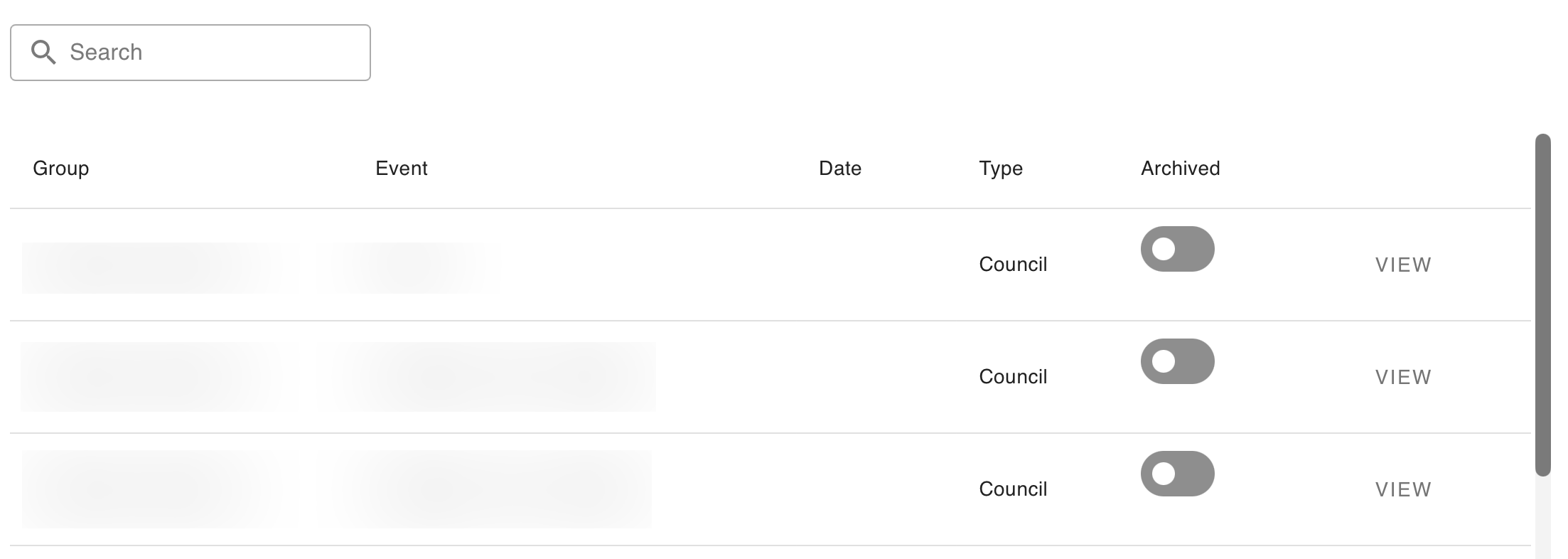 A set of three blurred event groups. There is a toggle to archive them, and buttons to view them.