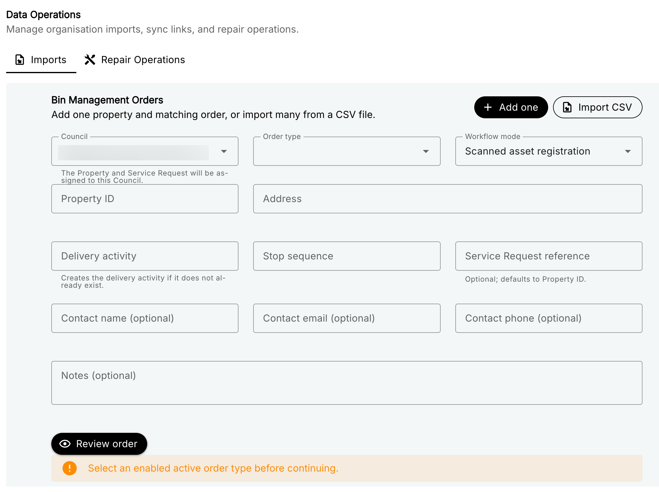 A single order entry form, with fields for council (group), order type, workflow mode, property ID, address, delivery activity (event group), stop sequence, Service Request reference (order), contact name, email and phone, and notes. The confirmation button is a Preview button.