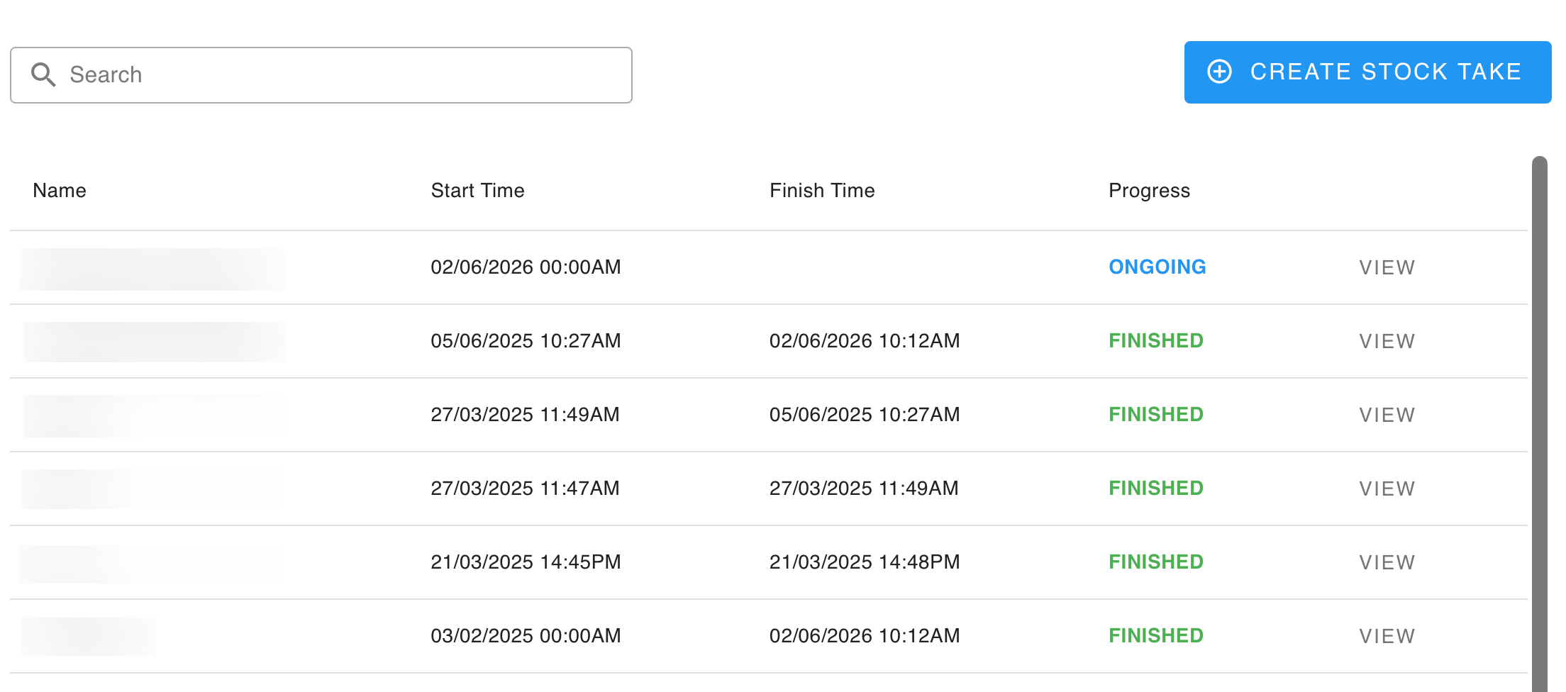 A list of stock takes with names blurred. There is a search and a button to create a stock take, and the stock takes have progress statuses and detail viewing buttons.