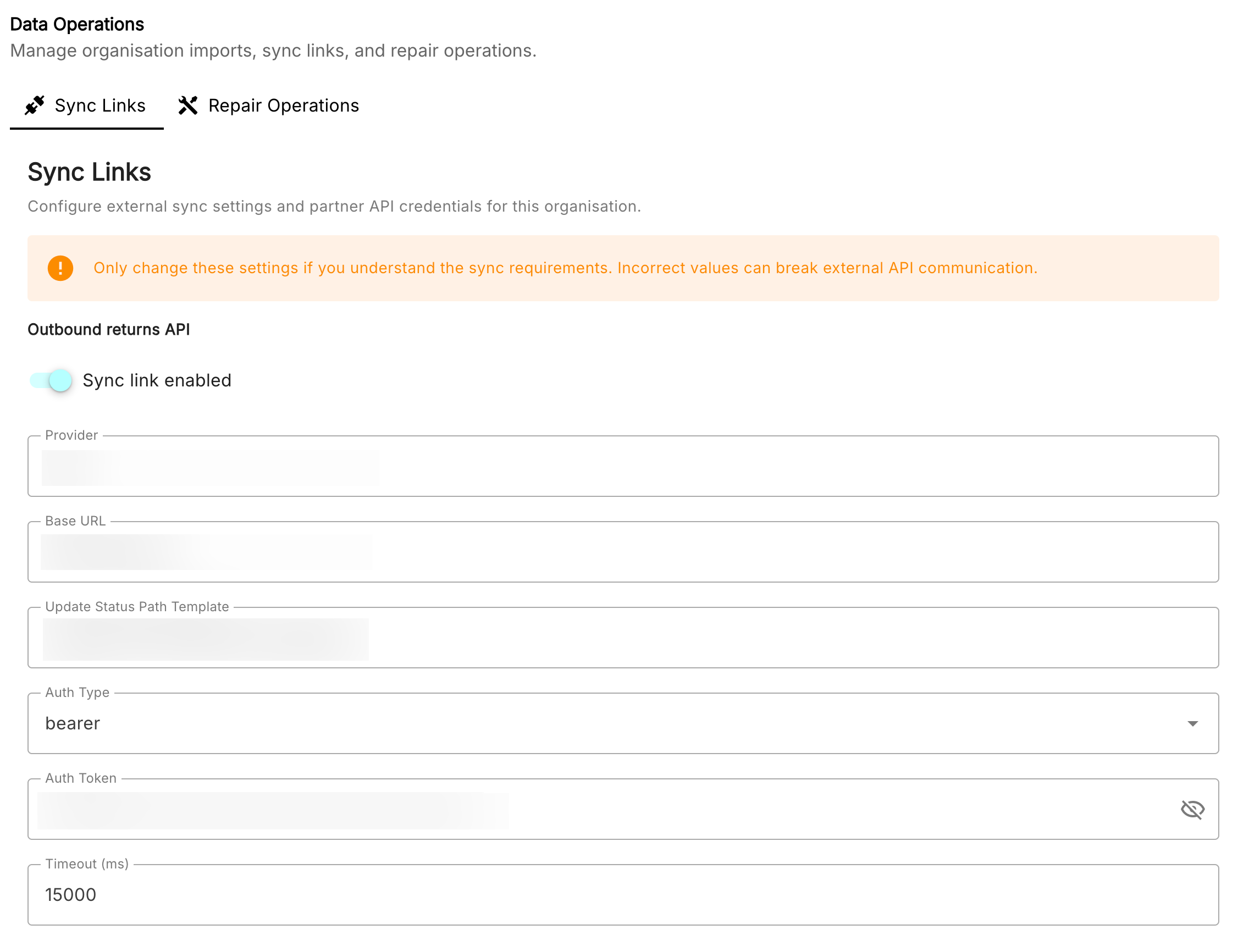A form for setting up APIs, with the fields of sync link enabled, provider, base url, path template for updating order statuses, auth. type and token, and timeout.