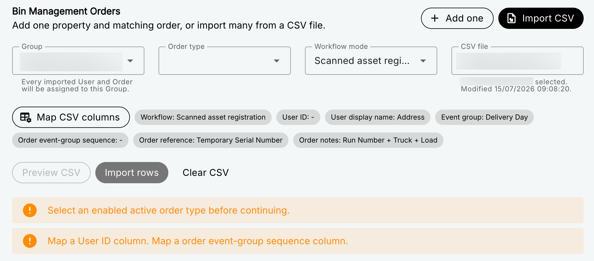 A smaller entry form than the single order entry form, with Group, Order Type, Workflow Mode and CSV file. There is a button for mapping CSV columns, which opens into the next image.