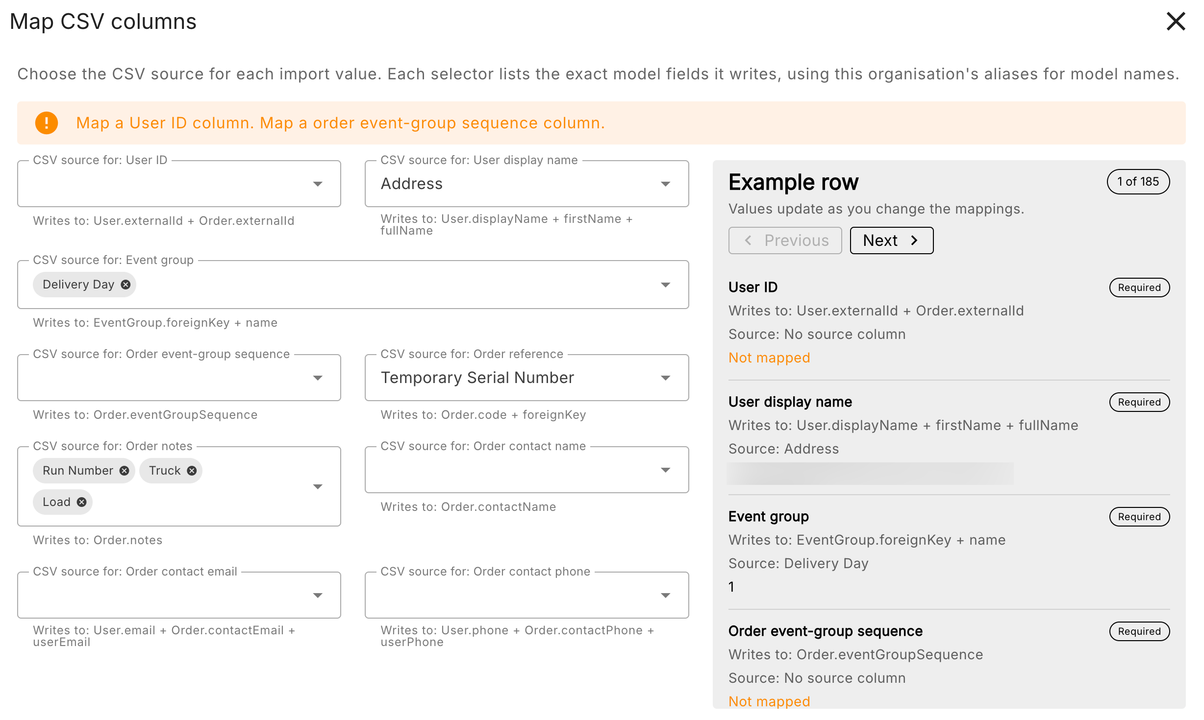 A dialog box called Map CSV columns. One part of it is the fields, and the other is showing how the field shoices show in example rows from the .csv.