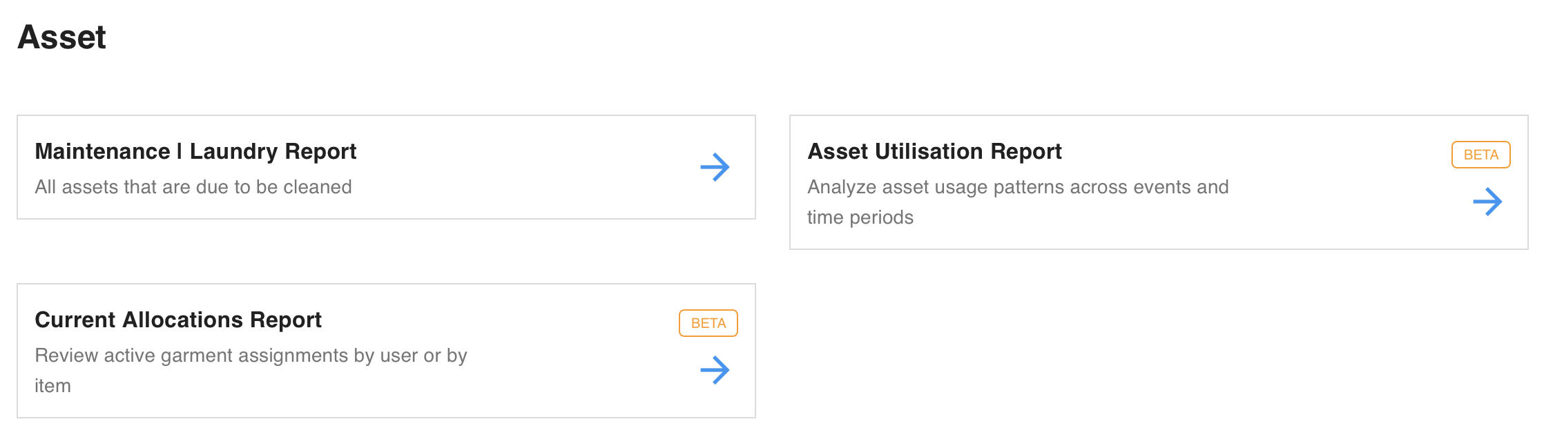 Three buttons for three types of reports: Maintenance | Laundry Report, Asset Utilisation Report and Current Allocations Report. The latter two are labeled as Beta.