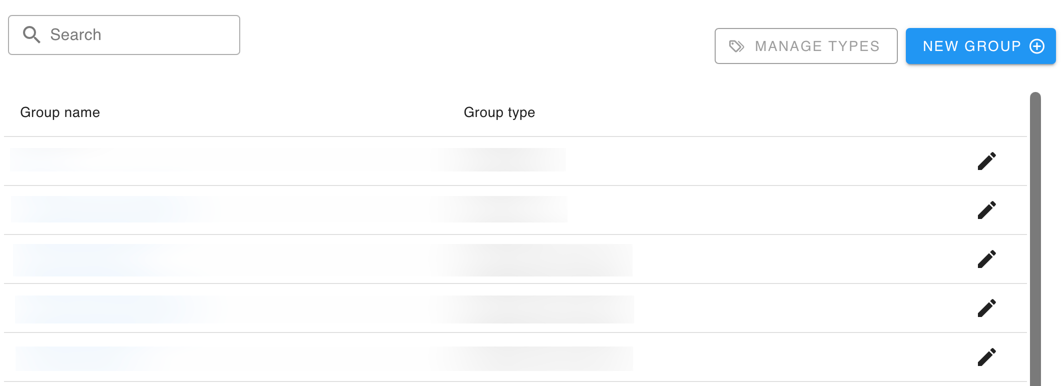 A list of (heavily blurred) groups, with group names, group types, a button to edit each, with buttons Manage Types and New Group.
