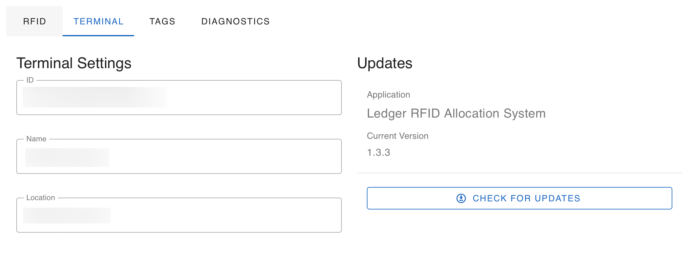 A tab with the title Terminal, with the inner section titled as Terminal Settings and Updates. There is (blurred) fields for ID, Name and Location under Terminal Settings, with Updates having the name of the application, the current version and an update checker. 