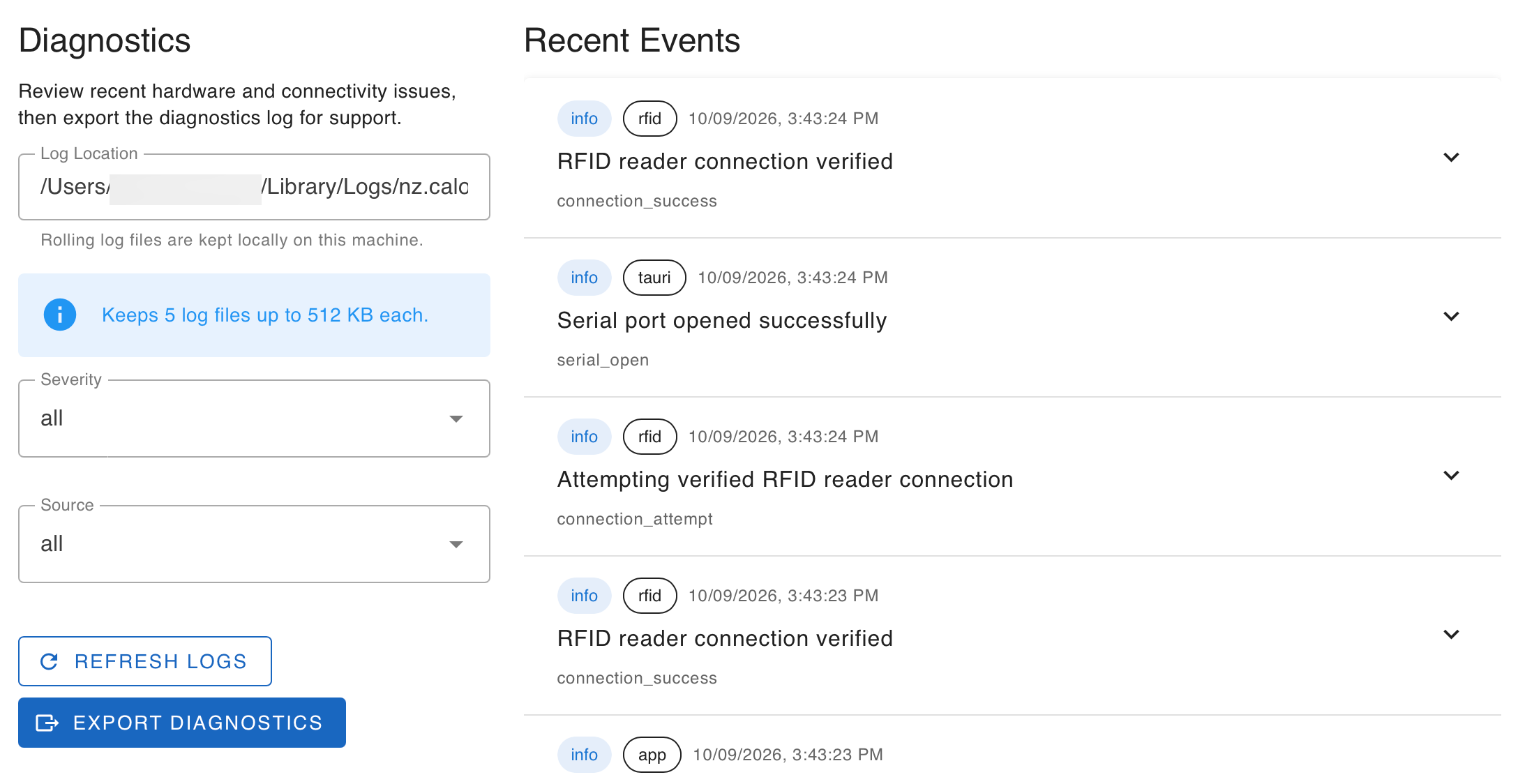 Titled Diagnostics and Recent Events, which is the event log. Under Diagnostics, there's the location of the log in the file explorer, and filters for severity and source, with buttons to refresh logs and export diagnostics.
