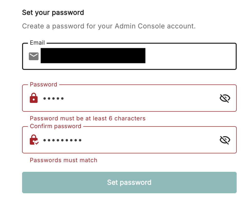 An entry body containing the following fields: An email field that is redacted, and two password fields (entry, confirmation) demonstrating errors with the password entries ('Password must be at least 6 characters' and 'Passwords must match respectively'. The button at the bottom of the form is labeled 'Set password'.)