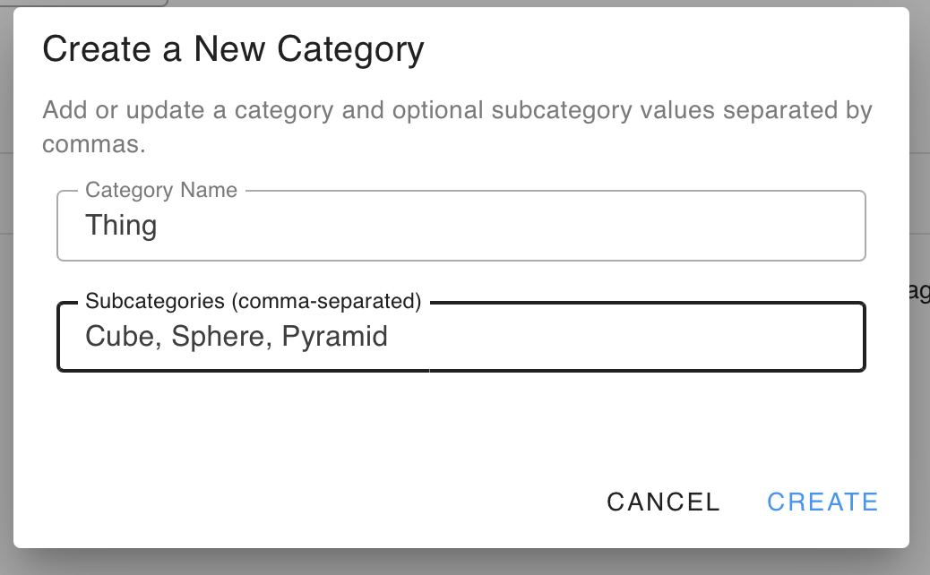 A Category Details screen with the name Thing with Cube, Sphere and Pyramid as subcategories.