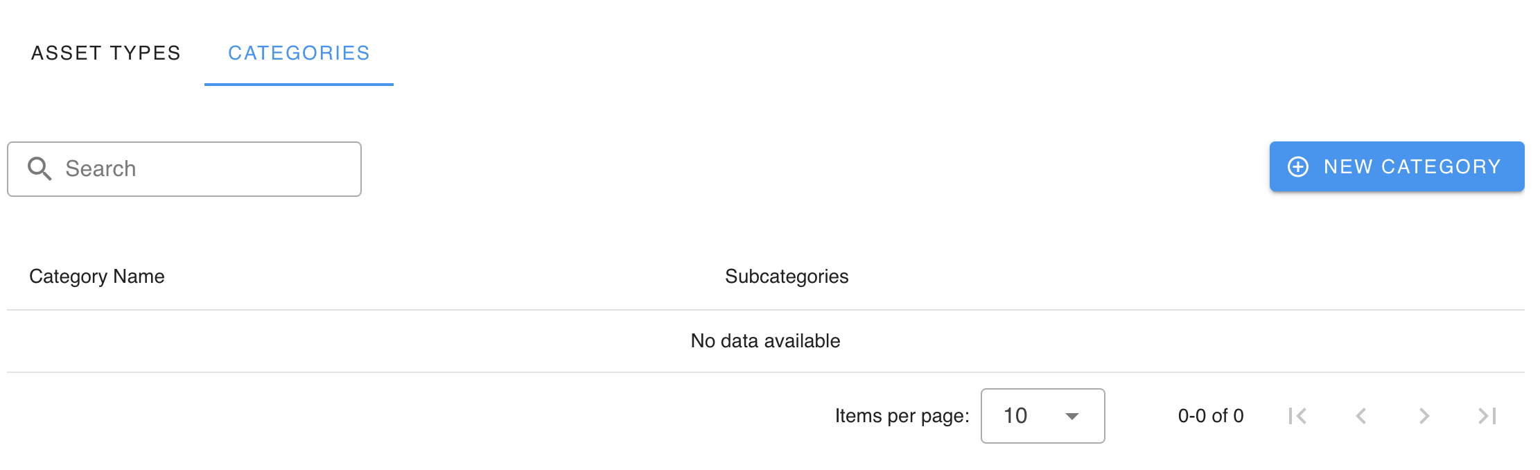 An empty Category screen in the Asset Types tab.