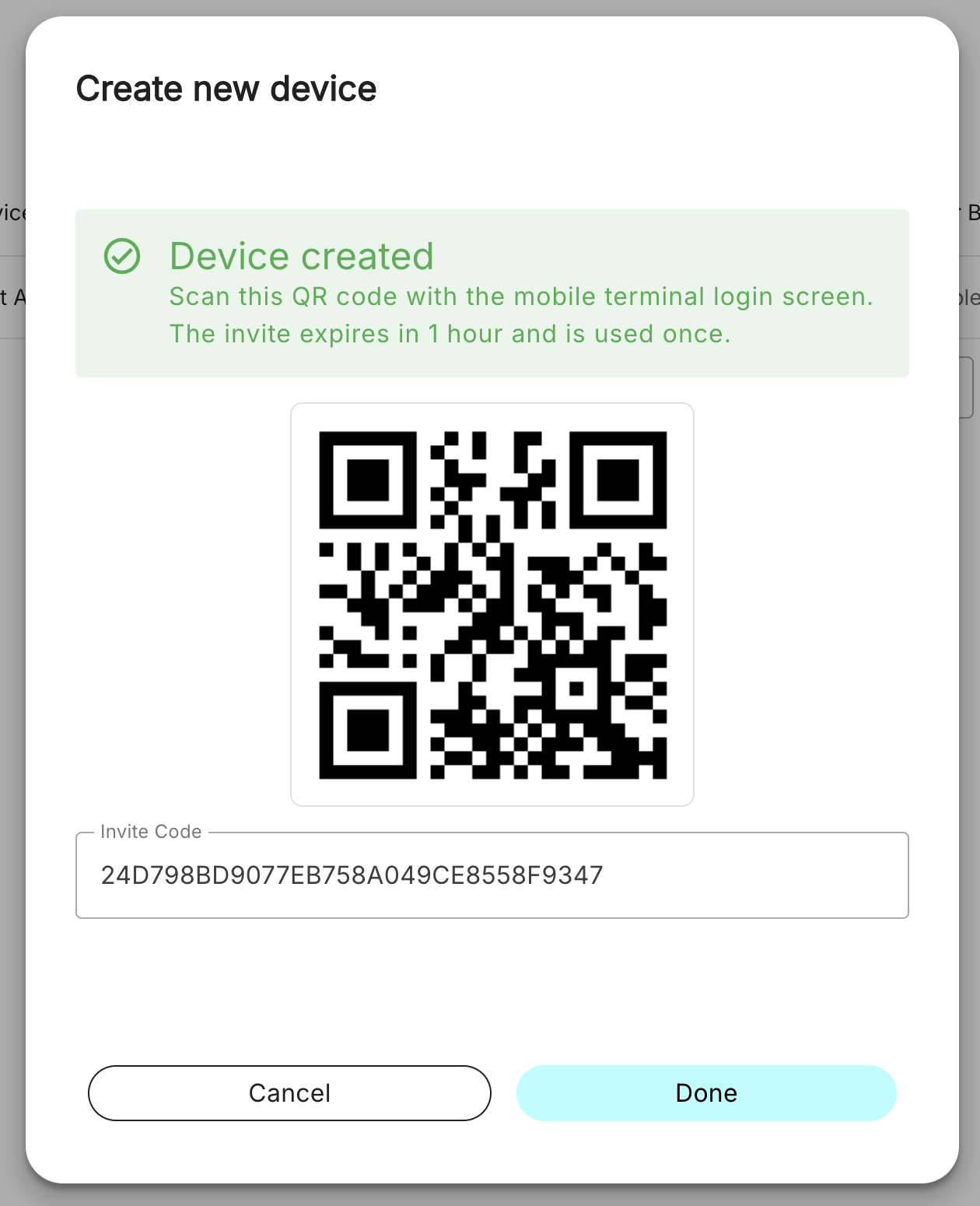 An invite code dialog screen with a QR code and a generated code string. There is a banner that states the created code will expire in an hour.