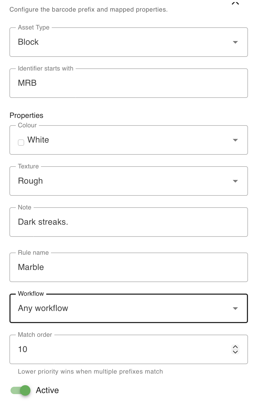 An identifier rule creation form, with MRB, White, Rough and 'Dark streaks.' and Marble filling the values below.
