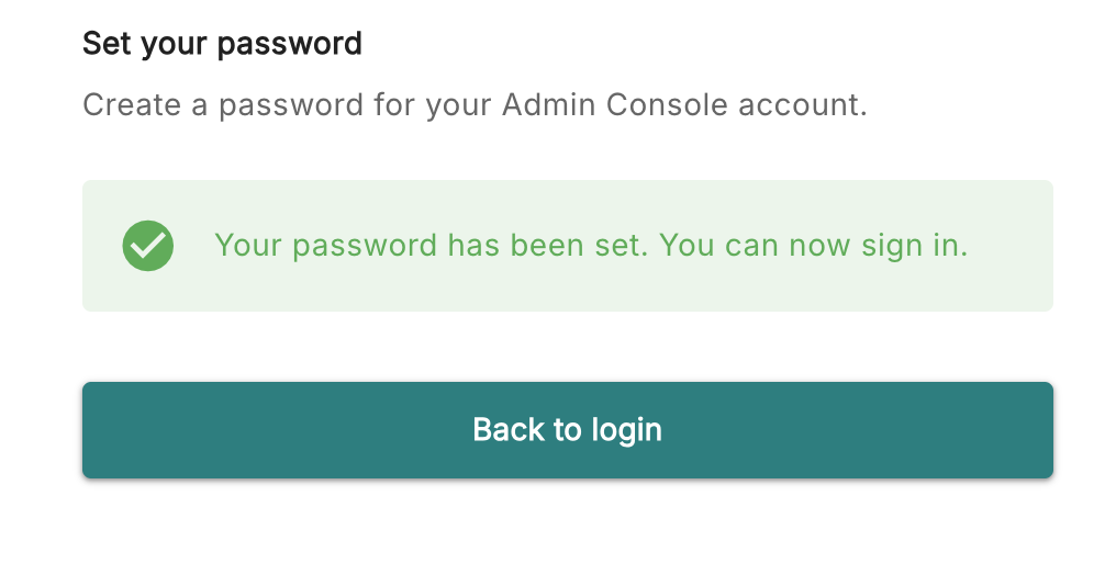 A password setup confirmation message with the button 'Back to login' underneath.