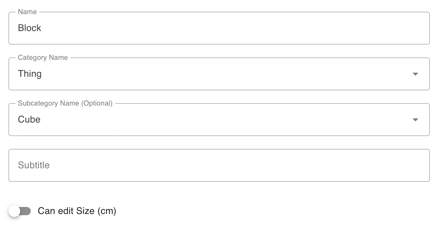 The creation of Block asset type with category Thing and subcategory Cube.