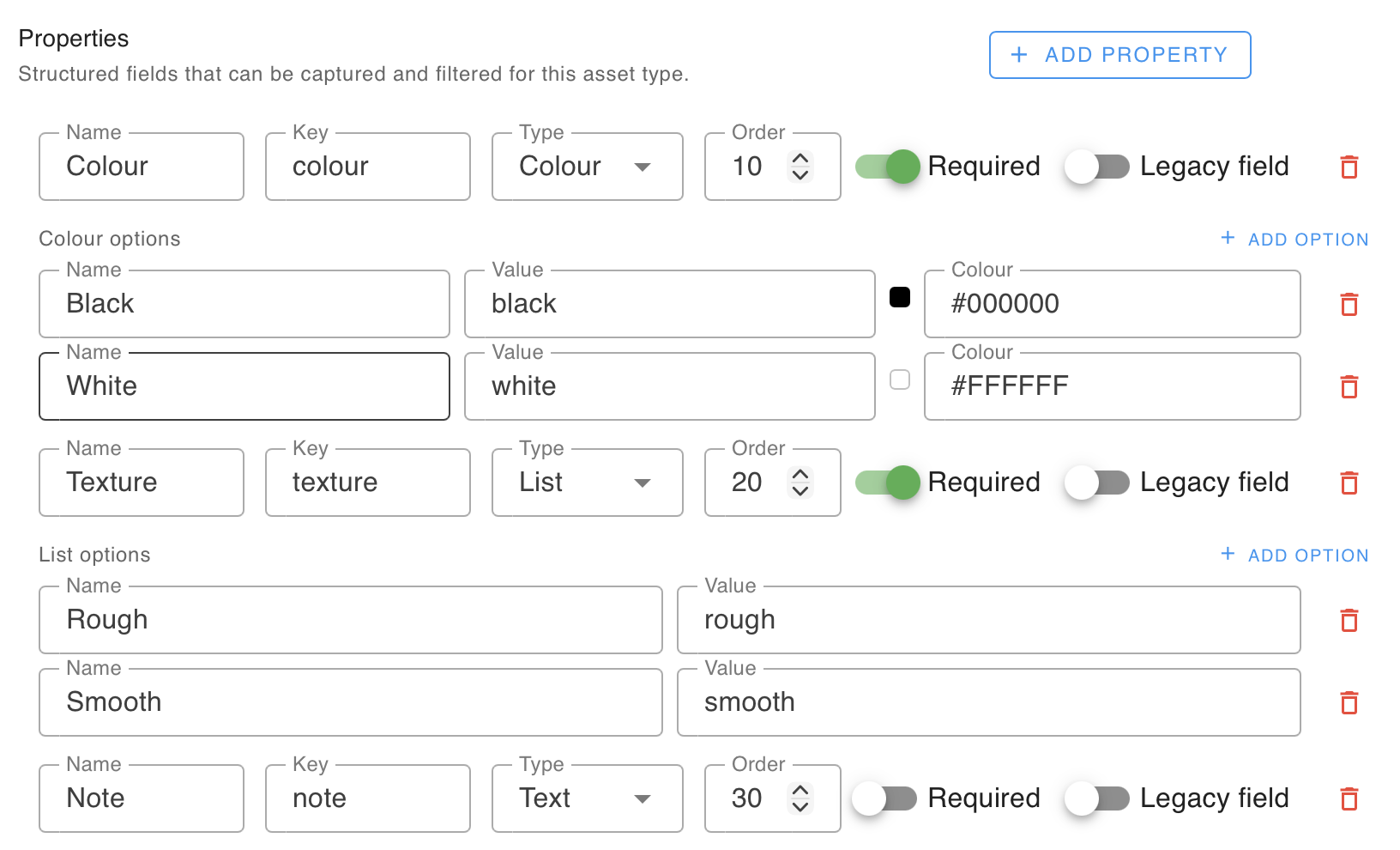 Type properties including Colour, with options Black and White, Texture, including Rough and Smooth, with a Note field