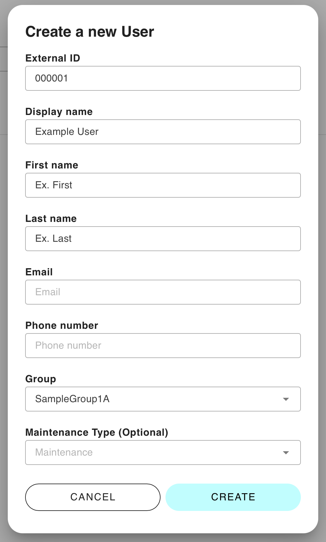 A user creation form with names Example User, Ex. First and Ex. Last. Email and Phone Number are left blank.