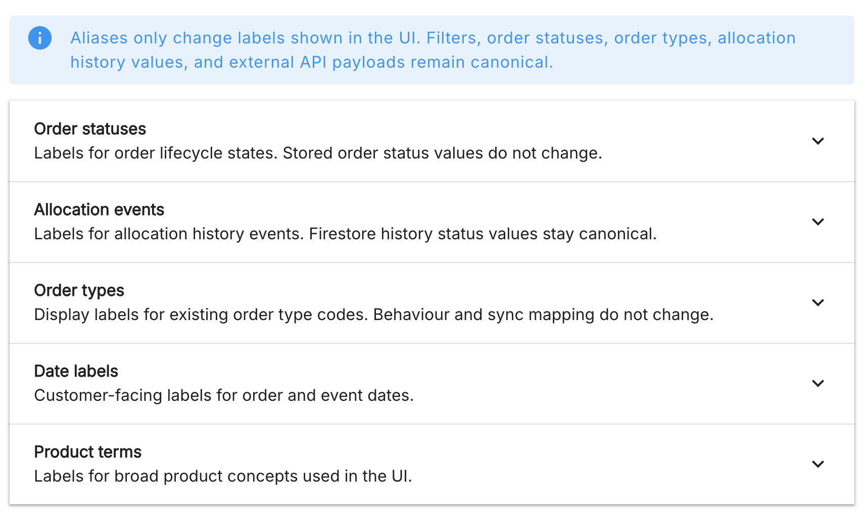 A set of dropdowns for terms under the categories Order statuses, Allocation events, Order types, Date labels and Product terms.